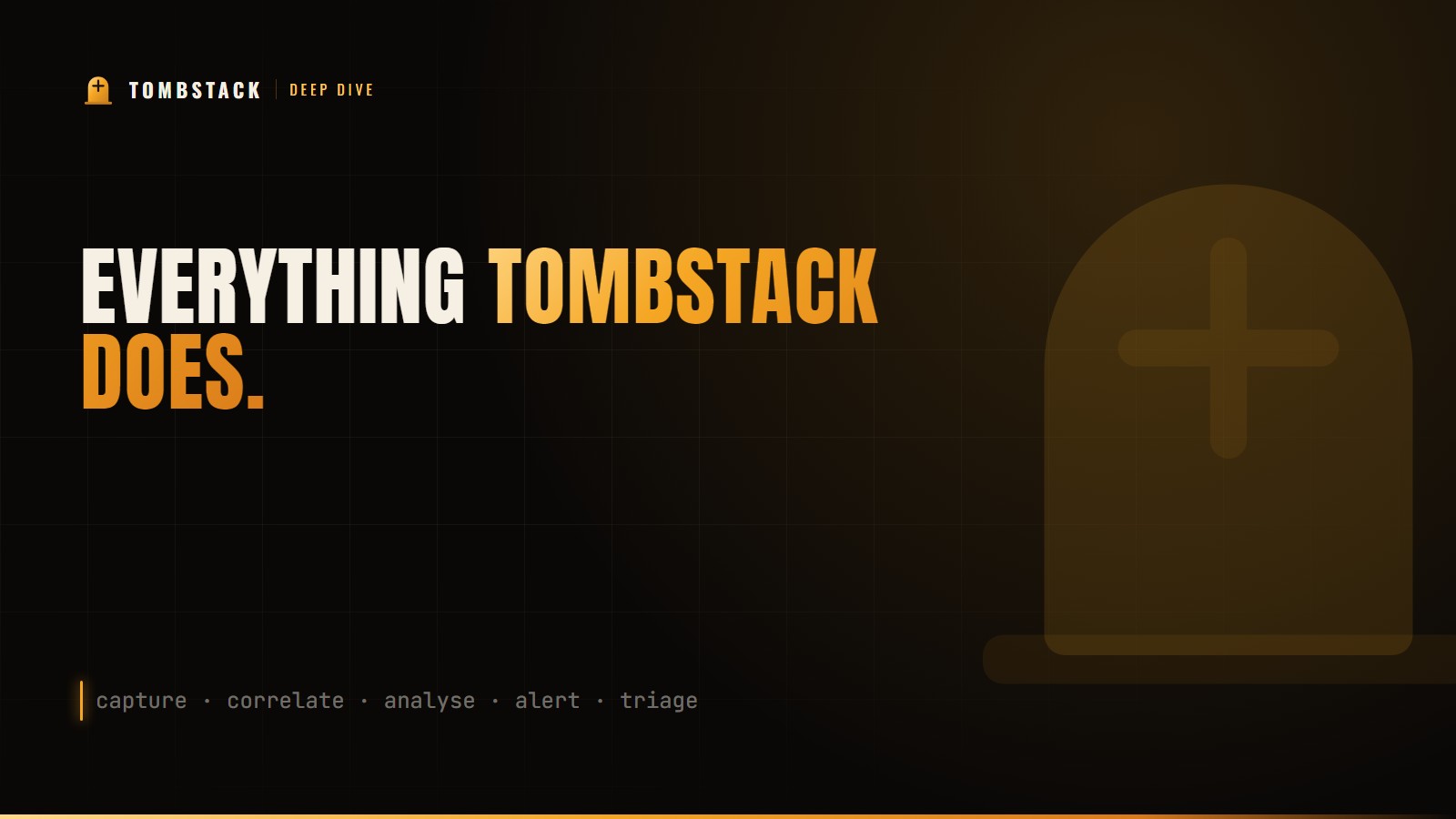 Tombstack deep-dive cover: the headstone mark beside the words 'Everything Tombstack does'