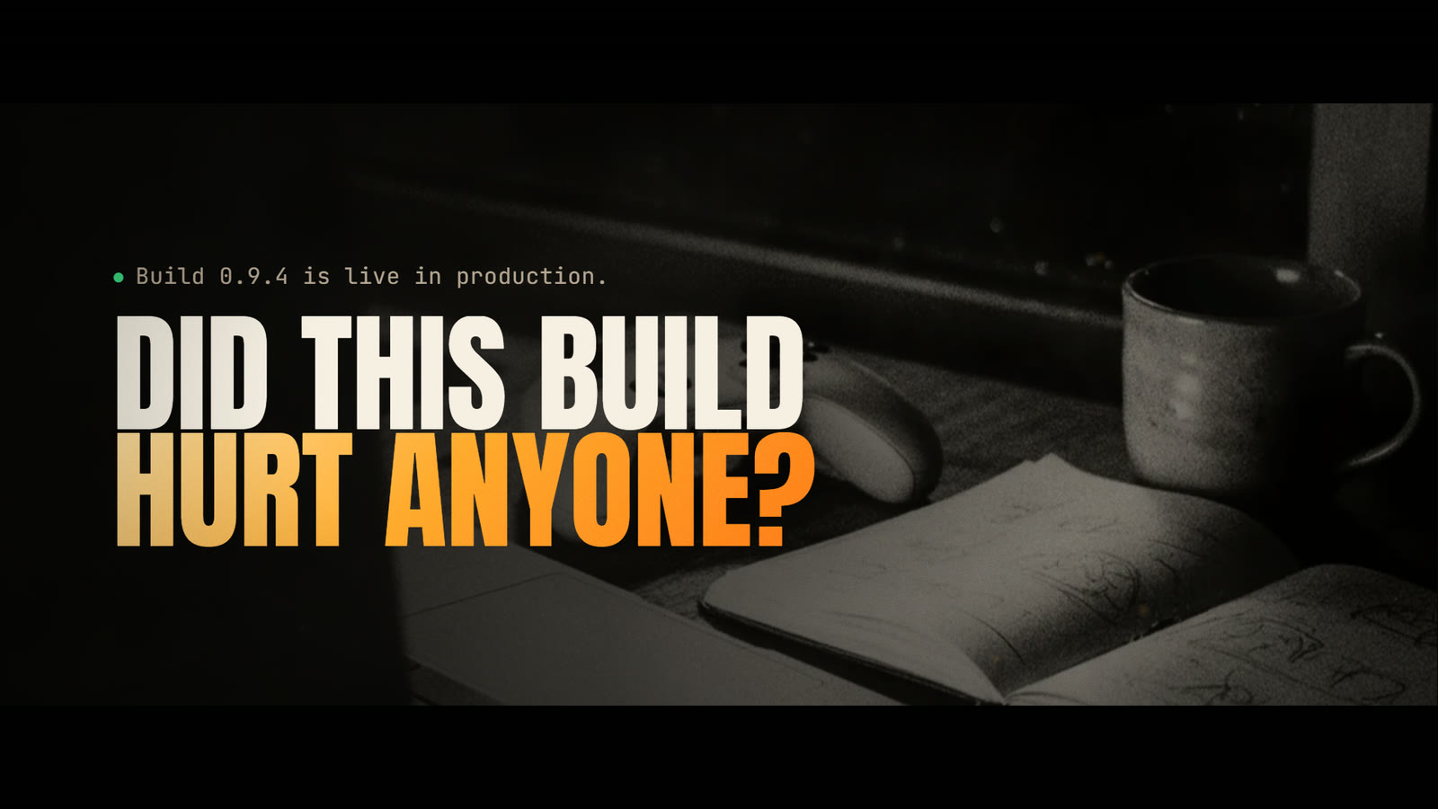 “Did this build hurt anyone?” over a dark desk with a game controller, from the Tombstack film