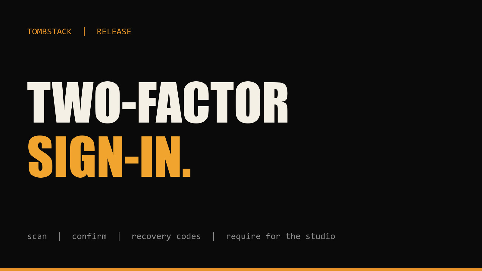 “Two-factor sign-in.” in large letters on a dark cover, with the steps scan, confirm, recovery codes and require for the studio
