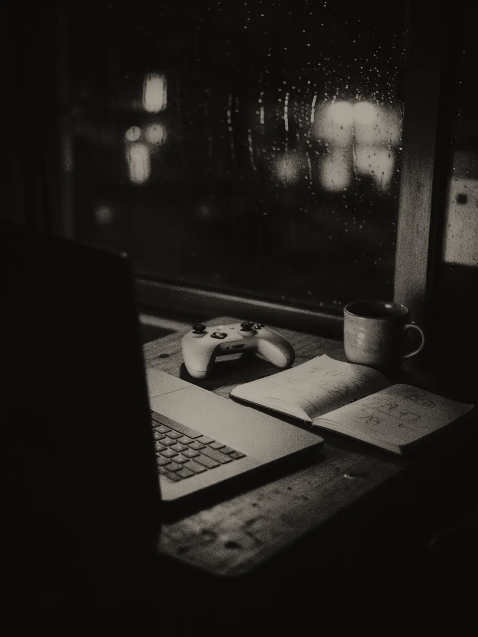 A small studio desk at night by a rain-streaked window: a laptop, a controller, a sketchbook and a mug.